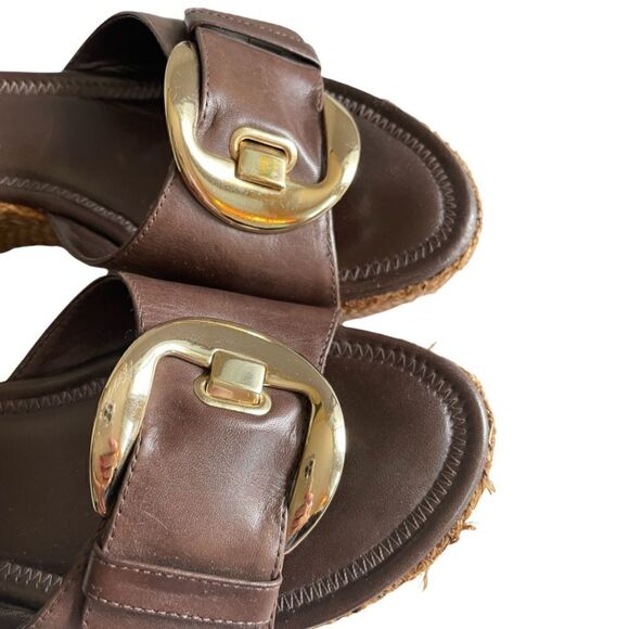 Antonio Melani Platform Sandals Mules, Size 6 1/2 Brown Buckles with Gold Metal - Picture 3 of 7